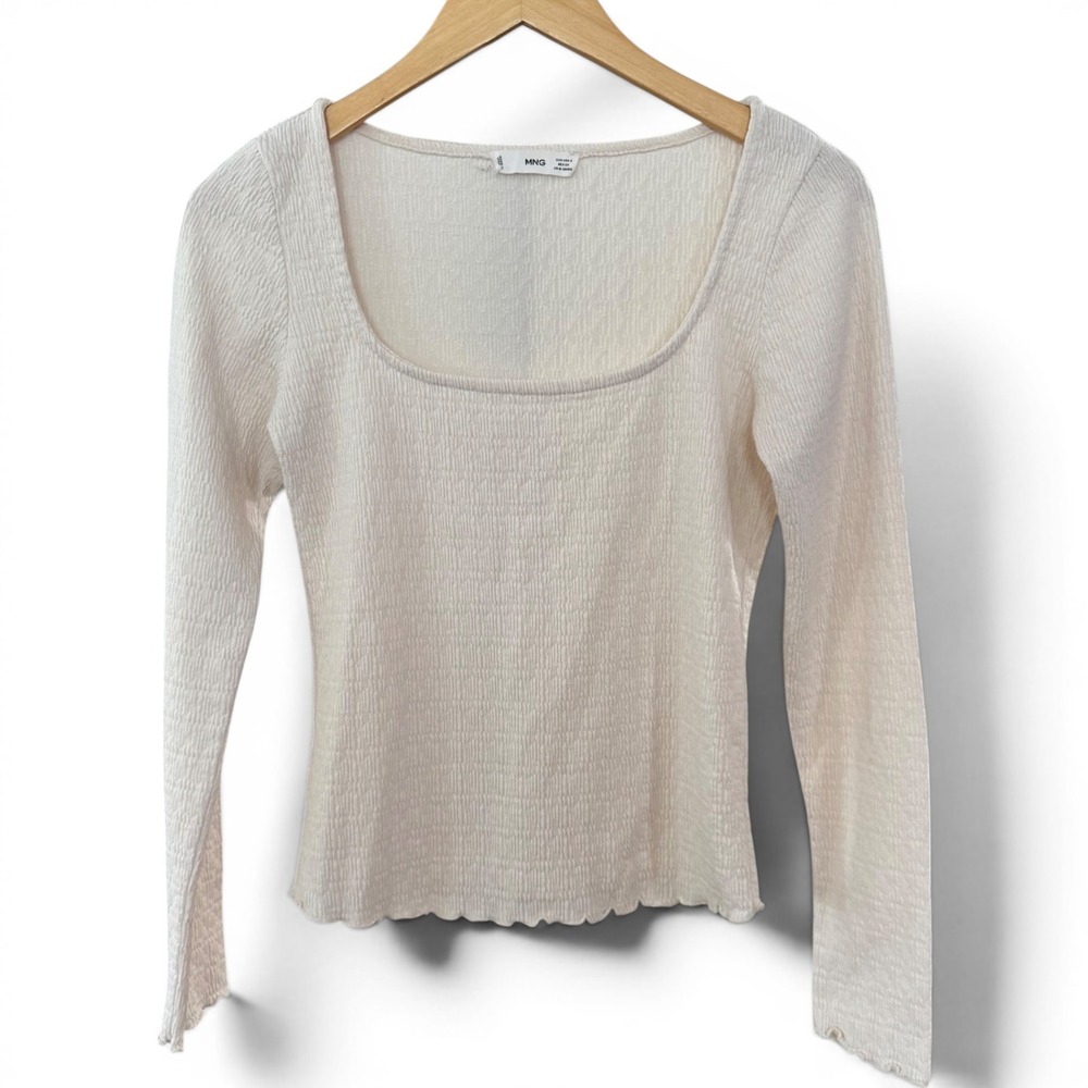 MNG Mango Long Sleeve Top Small Cream Textured Square Neck Lettuce Hem